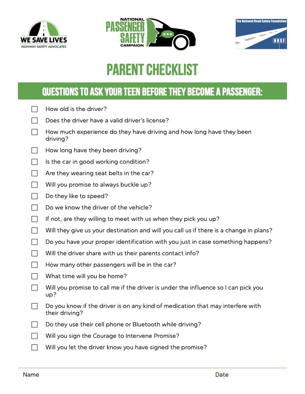 Thumbnail of a printable page with a driving safety pledge checklist for parents