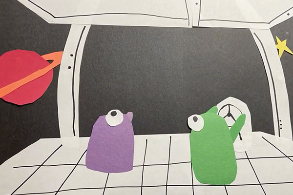 two aliens steering a spaceship in space